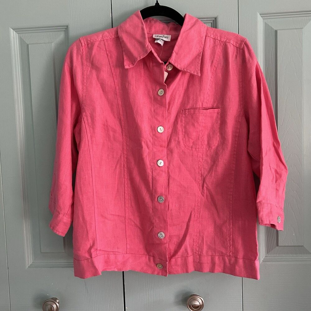 Toofan Womens Linen Pink Button Up Blouse 3/4 Sleeve Medium Collared